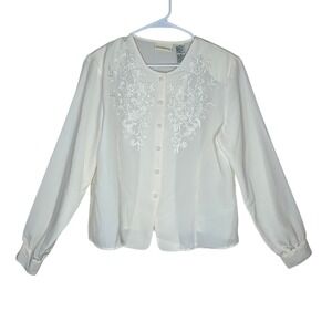 Jaclyn Smith NWT Size 16 Cream Embroidered Floral Button‎ Down Long Sleeve Top